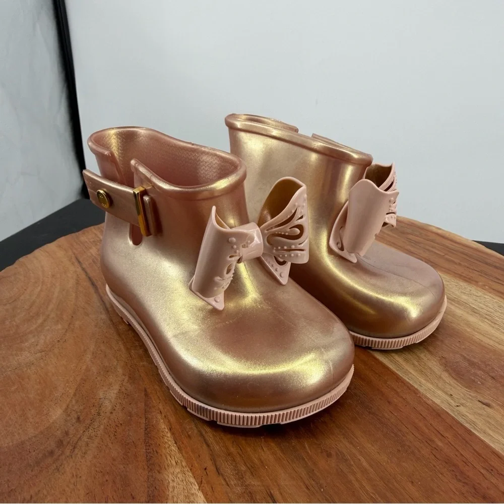 Mini Melissa Sugar Rain Bow boots rose gold glitter finish toddler girls sz 8